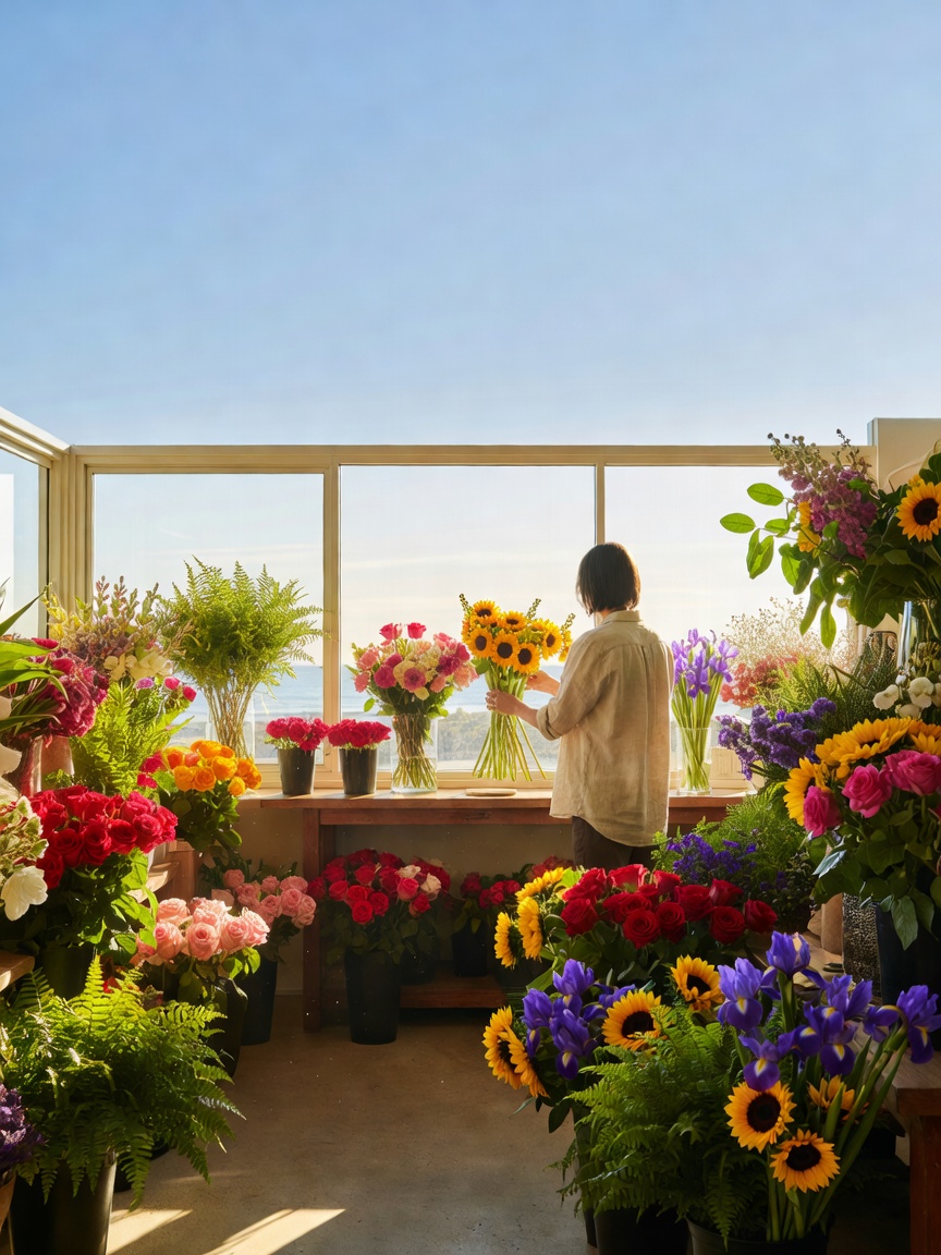 Wide bright interior of a small independent flower shop in a coastal Queensland town, golden morning light streaming through the front glass, buckets of colourful fresh flowers on display, a person seen from behind arranging blooms at a counter, sunny blue sky visible through the window, calm unclu…