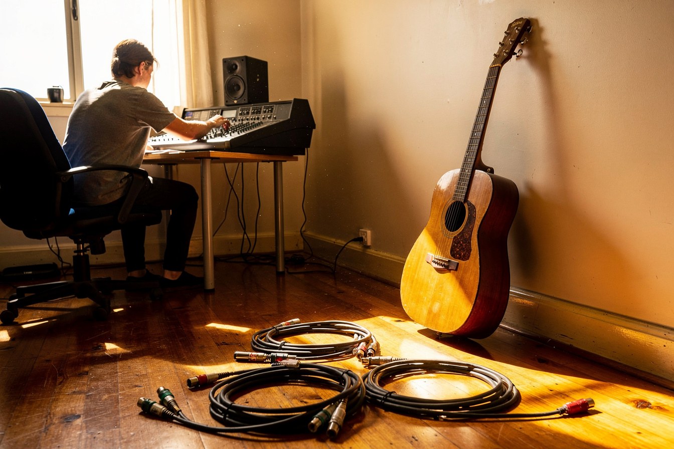 A musician seen from behind in a sunlit home studio, adjusting recording equipment early in the morning.