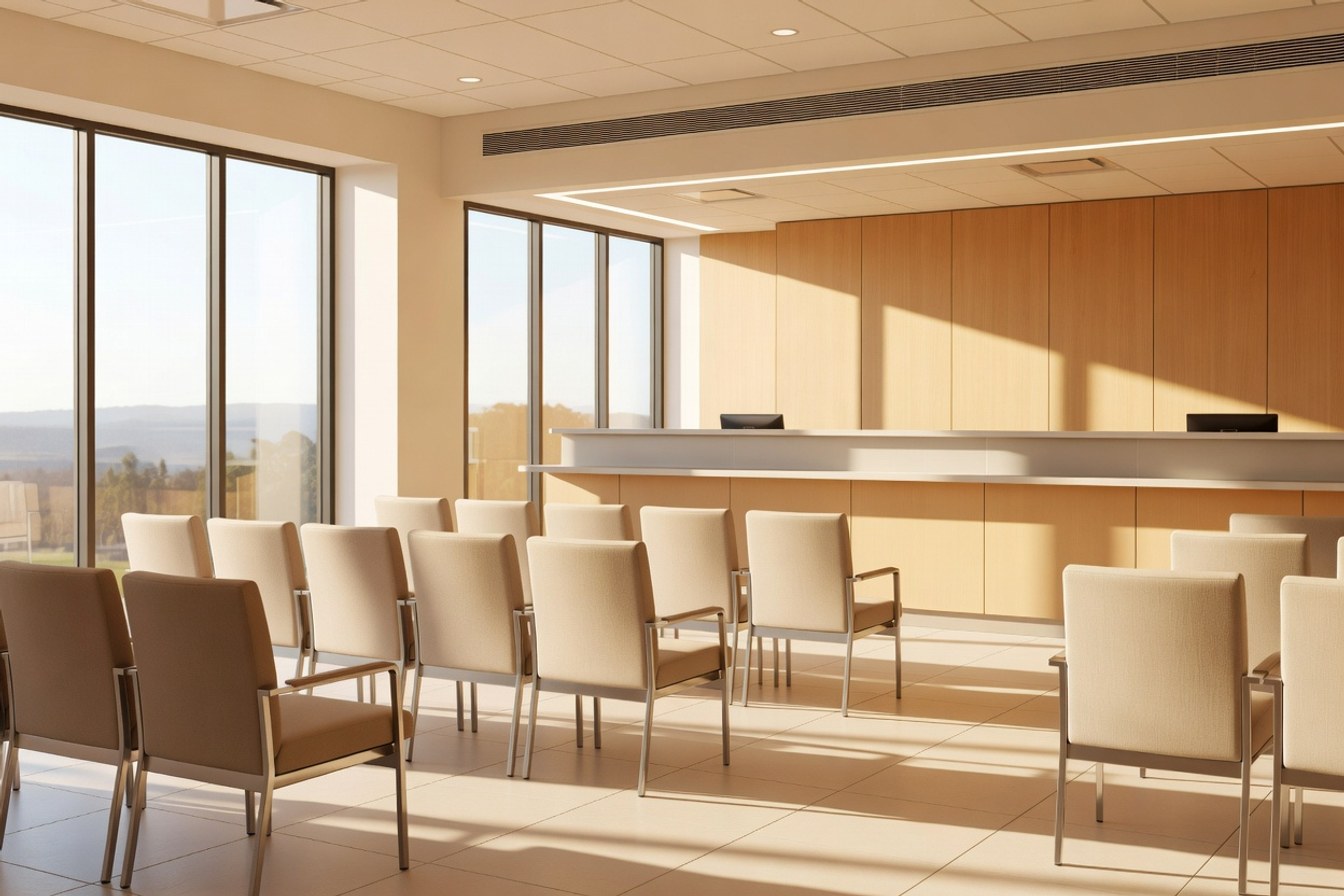 An empty small-business banking area in a regional bank branch, chairs waiting, warm morning light through the windows.