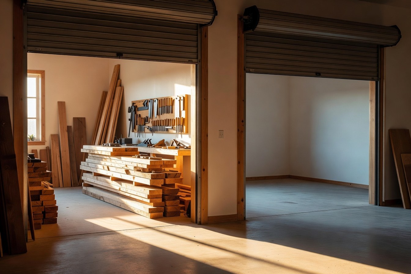 Two open workshop doors letting in morning light, one path leading toward tools and timber, the other empty, suggesting a choice between two directions.