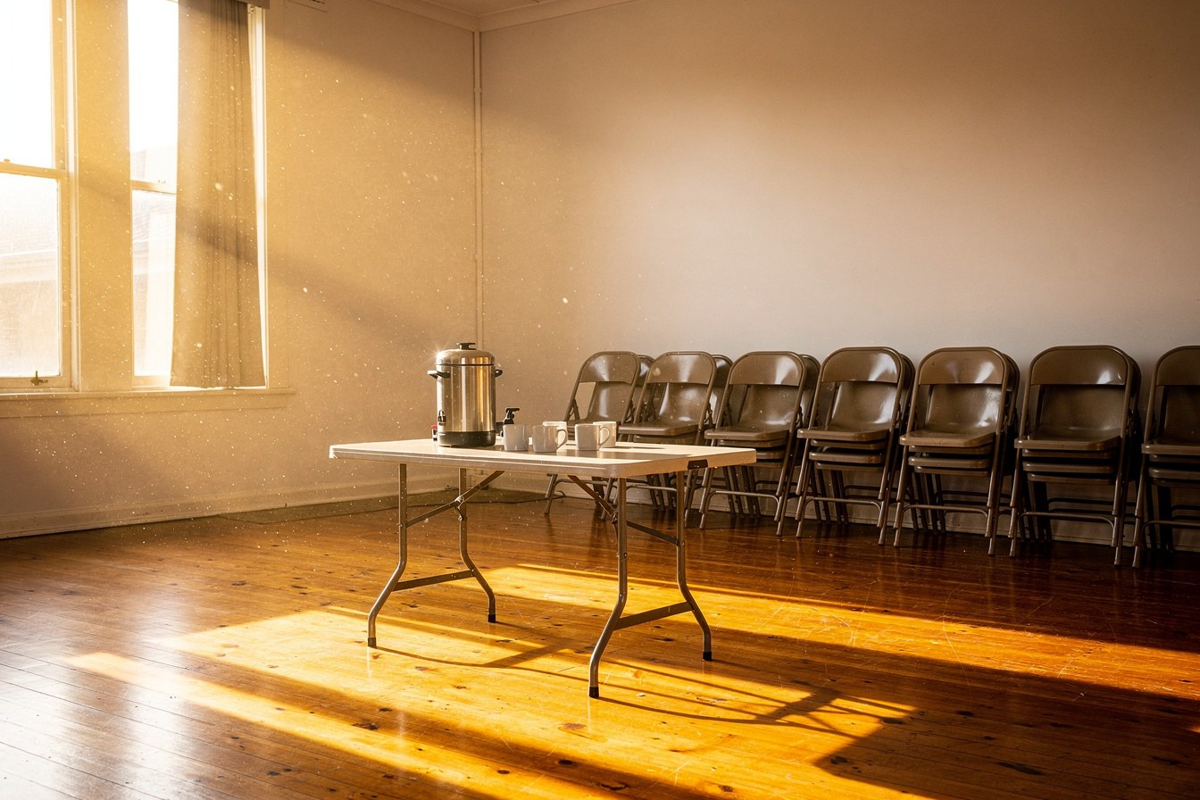 An empty community hall at dawn, evoking the gap between a copied list and the real dates on the page.