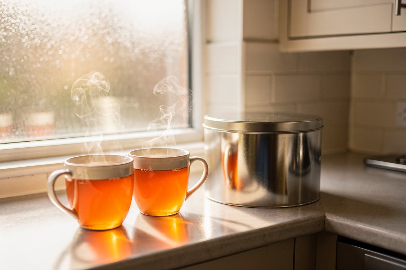 Two mugs of tea and a biscuit tin on a sunlit windowsill, standing in for the calm after triage is done.