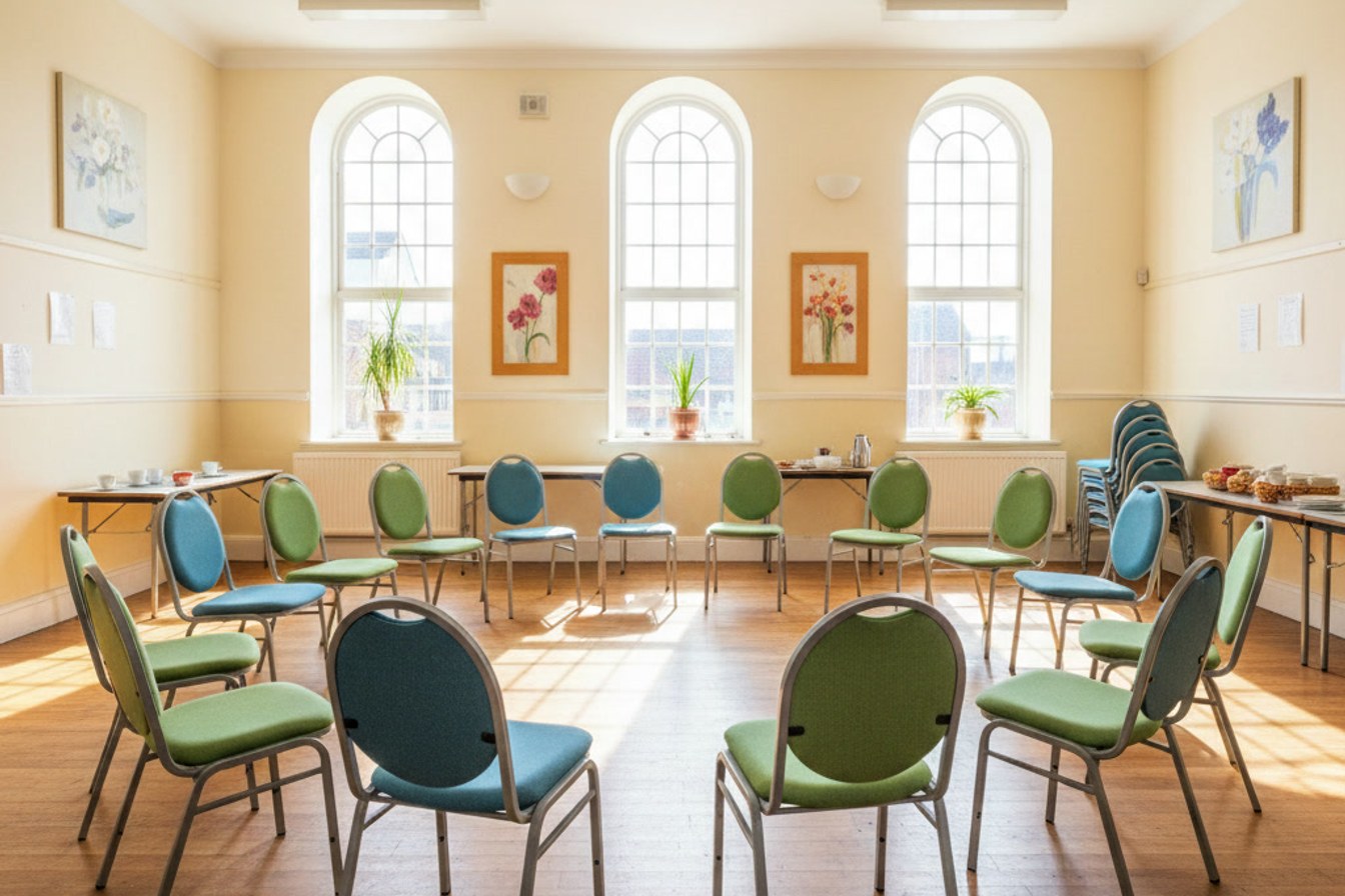A modest, sunlit community hall set up for a small weekly seniors' program, reflecting a small, achievable grant activity rather than a large annual project.