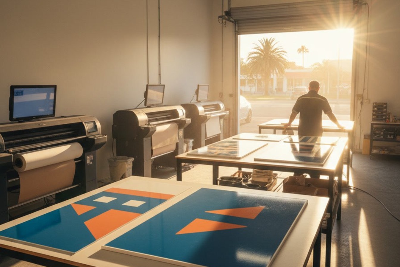 Editorial poster with the line 'Waves, not one contract' above a short list of first-round Brisbane 2032 work areas: venues, technology, branding, signage, market research, event production.