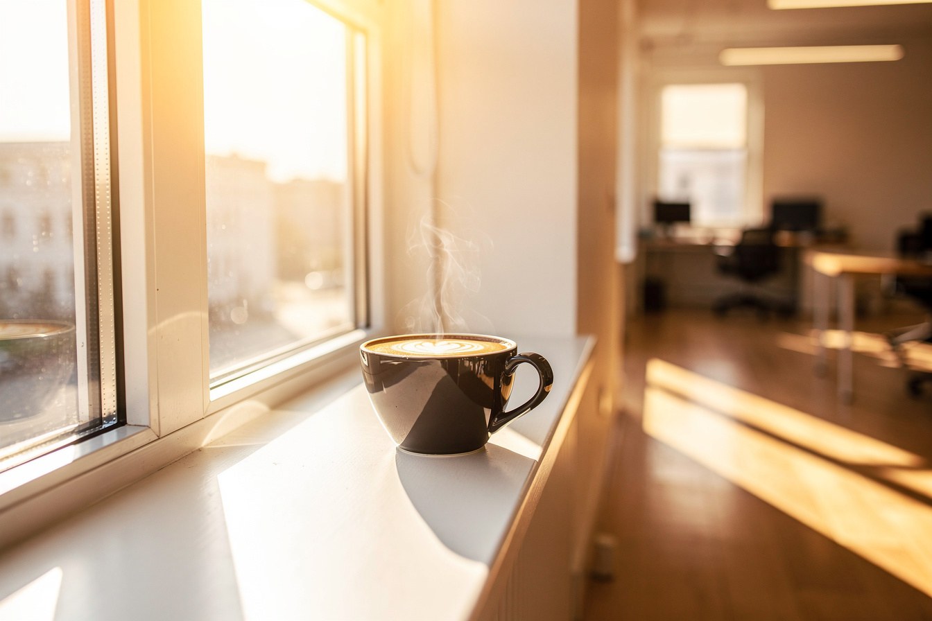A lone coffee cup in an empty early-morning office, suggesting the quiet, unassigned task of watching for opportunity that gets missed.