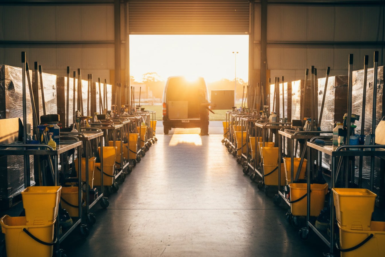 A small cleaning contractor's depot at dawn, gear loaded and ready, standing by to supply into a much larger project.