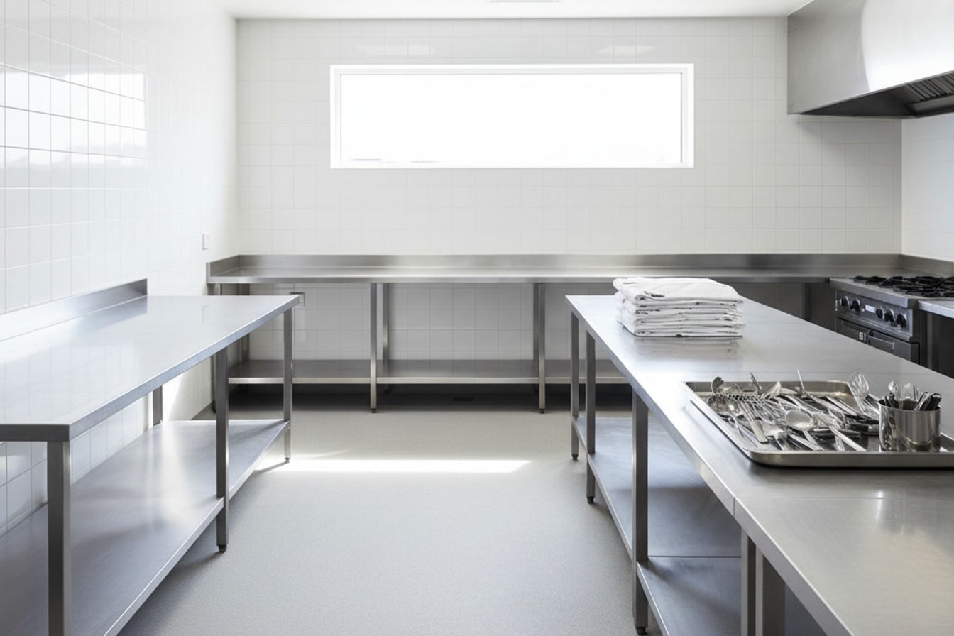 An empty, clean commercial kitchen before service, standing ready with equipment prepared in advance.