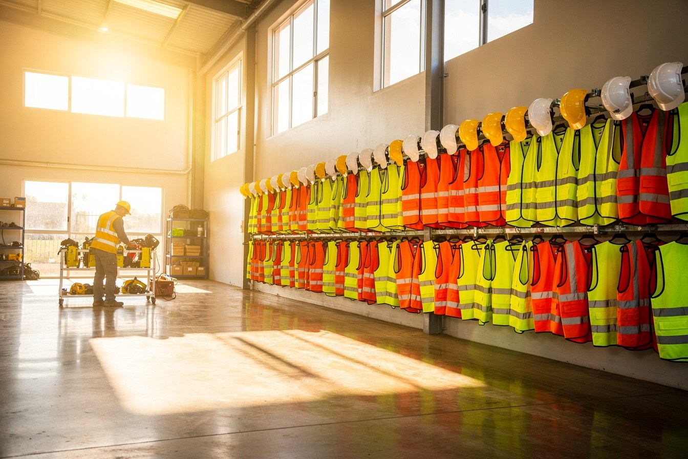 A regional workforce training room with high-vis gear on hooks, lit by morning sun, standing ready before inductions begin.