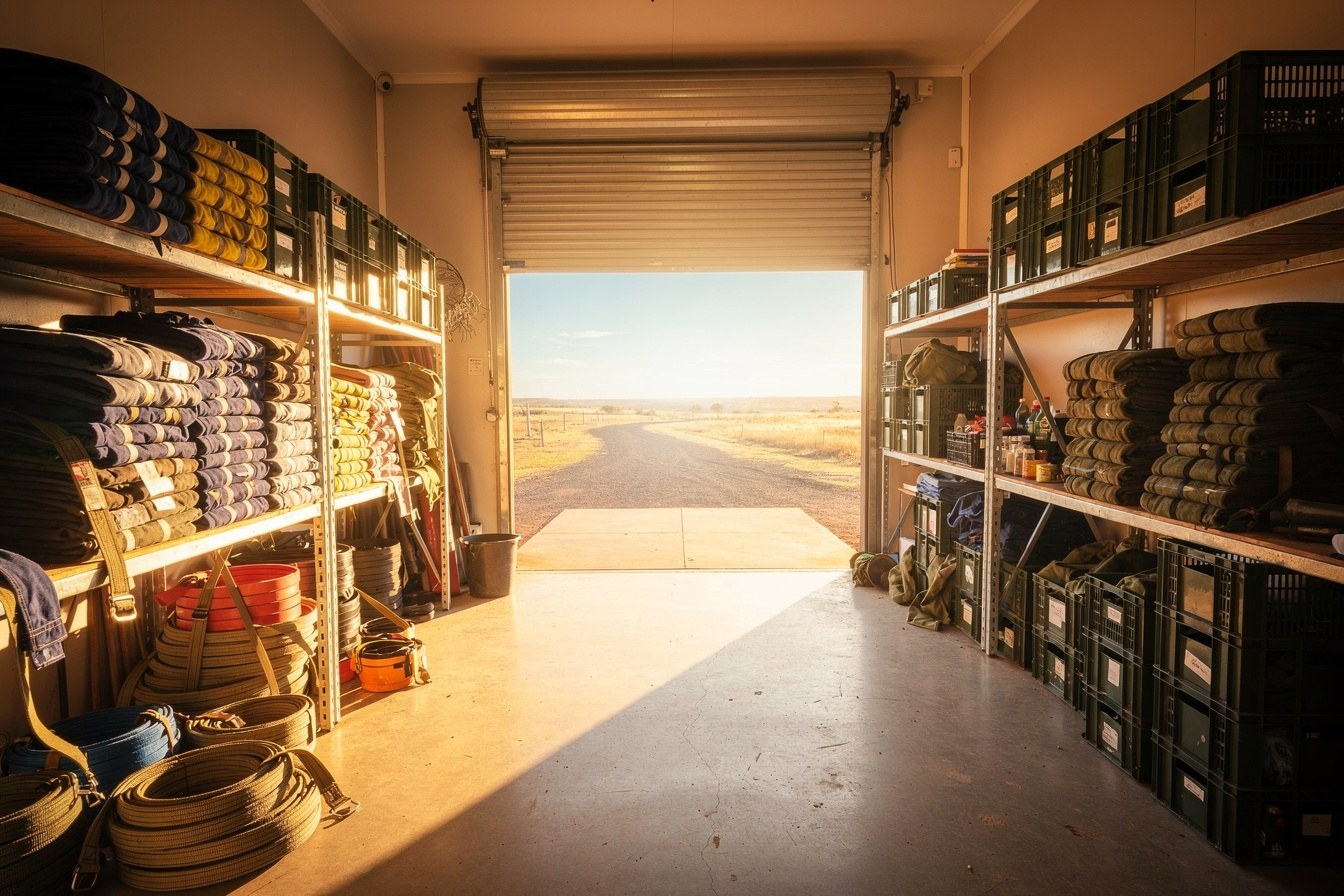 A small regional supplier's workshop at sunrise, shelves stocked and roller door open, ready for the day's work.
