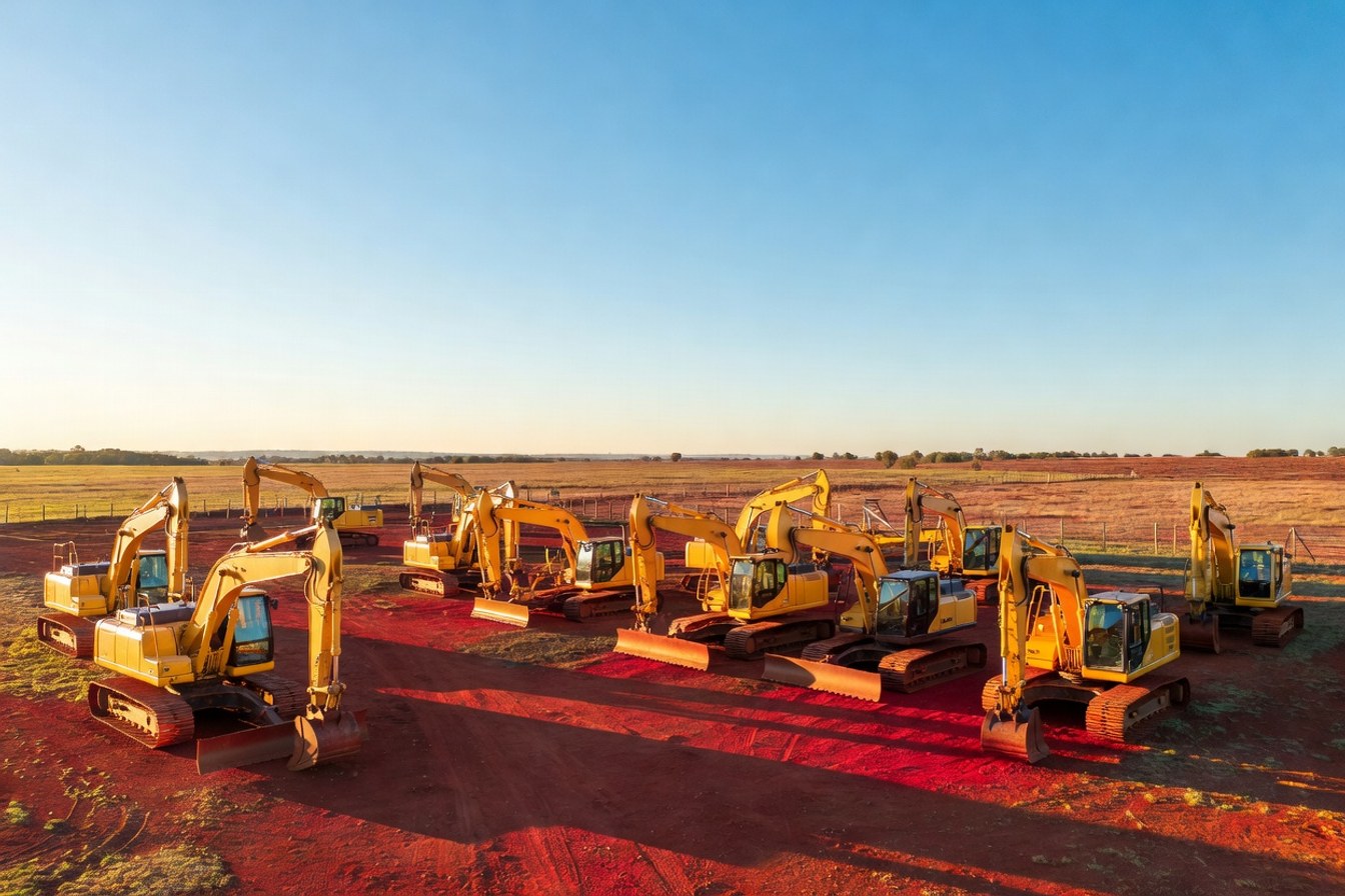 A regional plant hire yard with machinery lined up under open Queensland sky, far from any major project convoy.