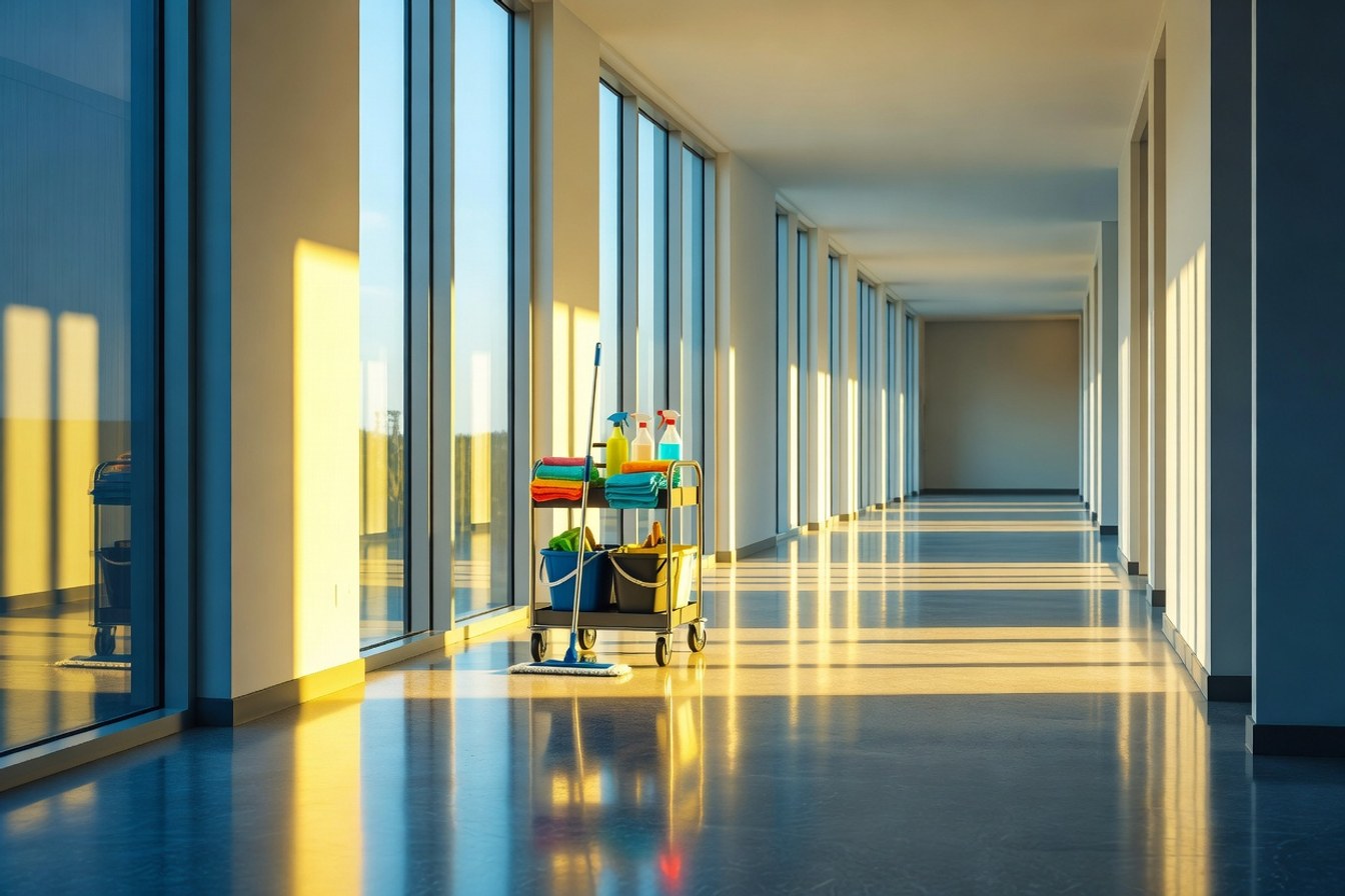 An empty council facility corridor with a cleaning trolley parked in the morning light, representing the everyday council work that is never advertised as a tender.