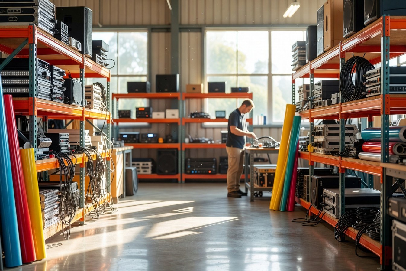 Sunlit workshop floor of a small Brisbane AV and signage business, worker in the distance among equipment racks