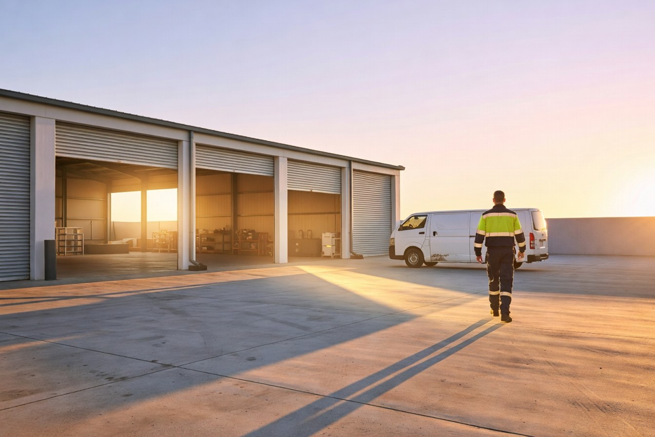 Small business depot at dawn with warm light across the yard and a worker walking toward a van