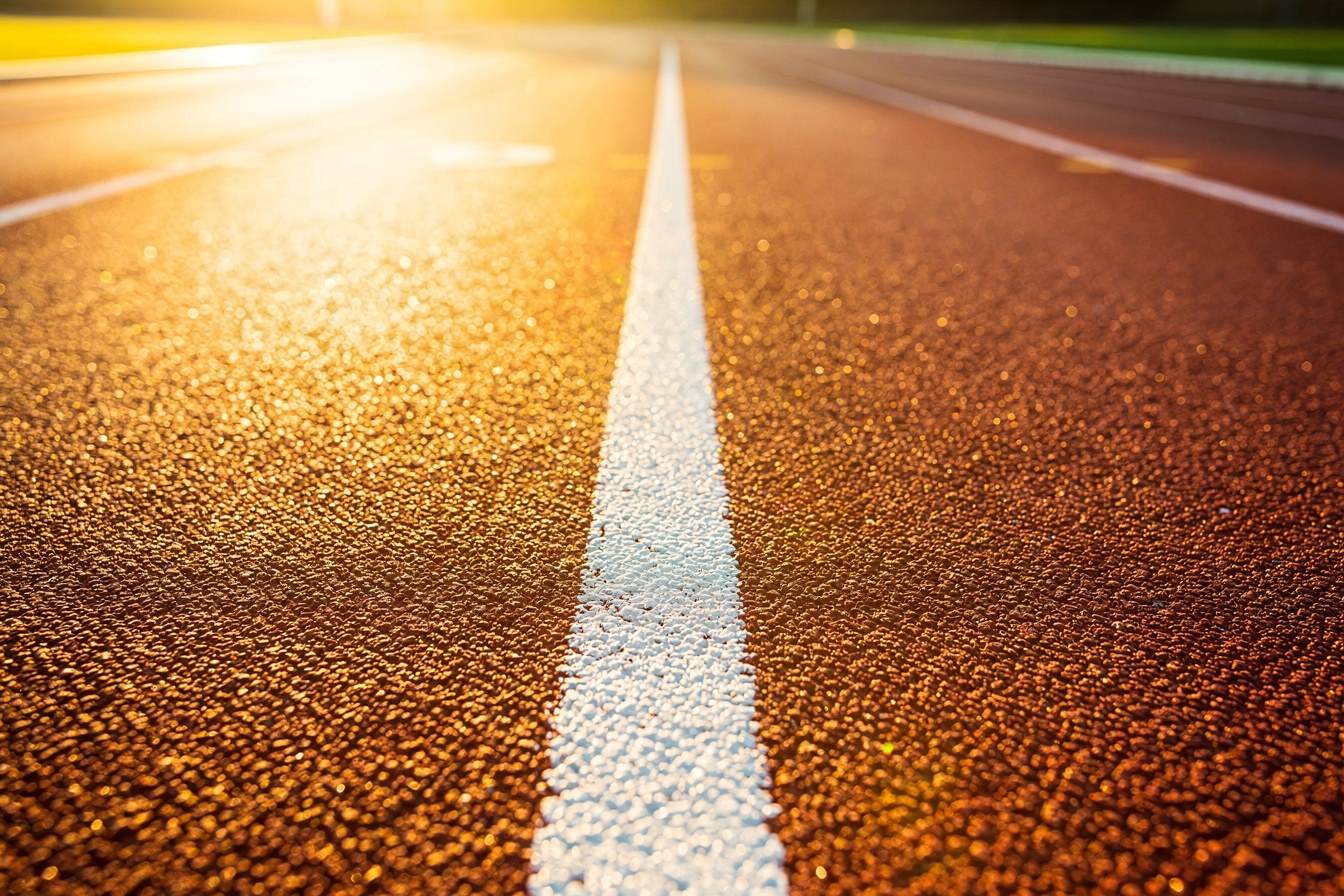 A freshly painted lane line on a running track in dawn light, standing for a tougher standard now required to qualify.
