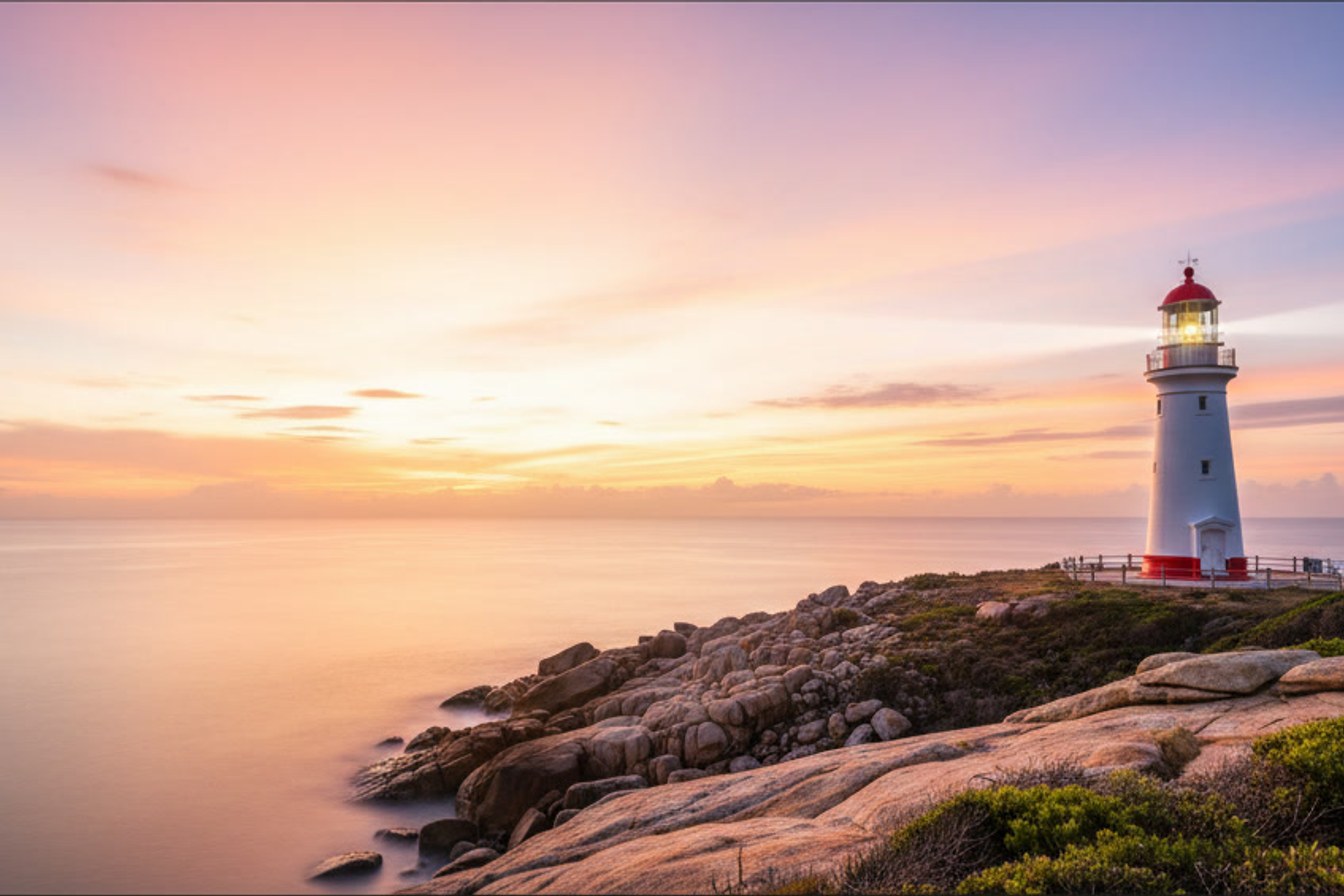 A lighthouse beam sweeping across the ocean at dawn, standing for a feed that watches for opportunities on your behalf.