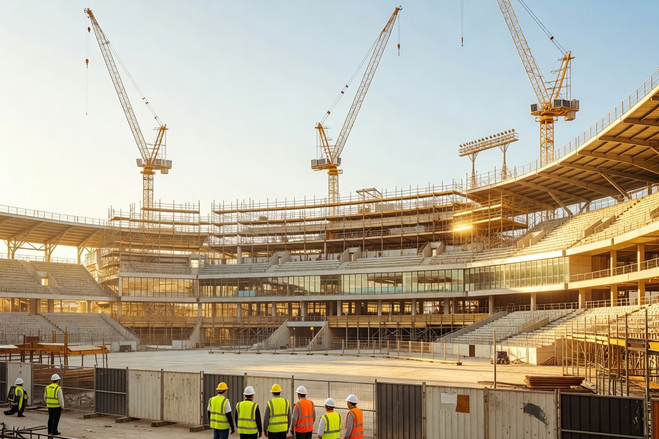 Wide view of a stadium redevelopment site at sunrise with cranes and hoarding fencing