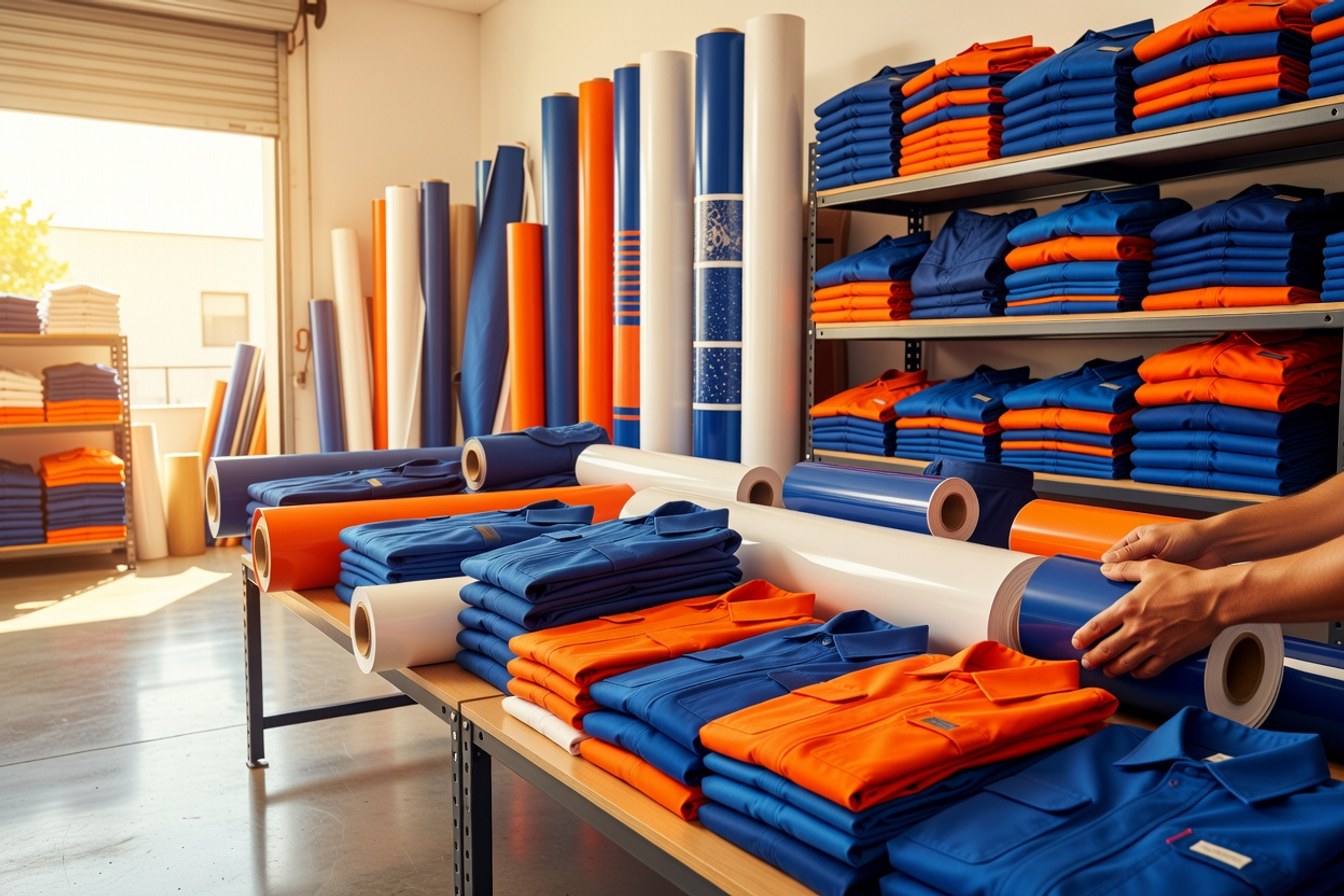 Hands sorting workwear and signage stock in a sunlit small business workshop